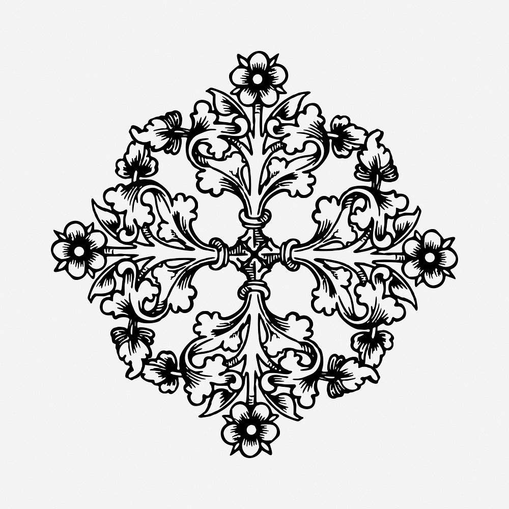 Elegant floral decorative black and white illustration clipart. Free public domain CC0 image