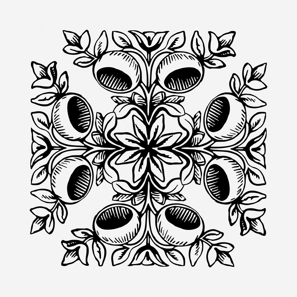 Elegant square decorative black and white illustration clipart. Free public domain CC0 image