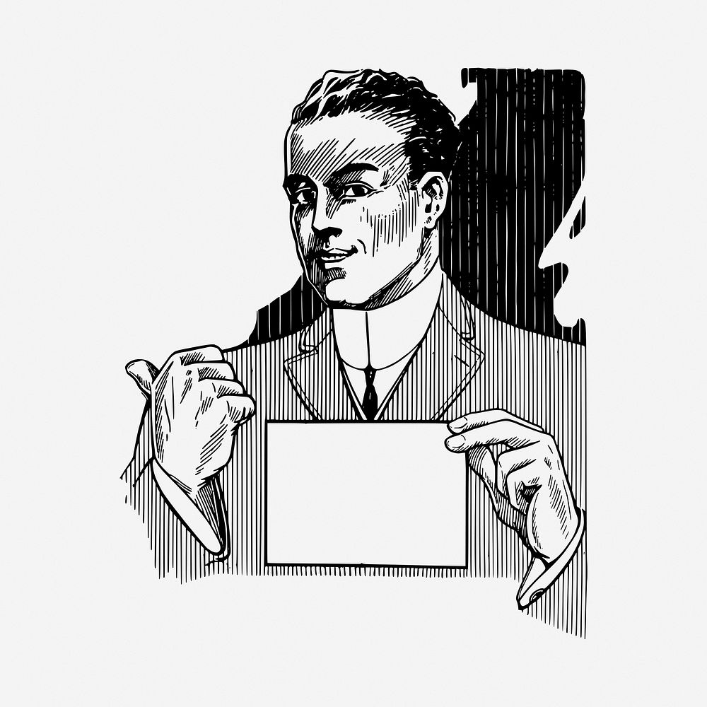 Blank placard, man in suit black and white illustration clipart. Free public domain CC0 image