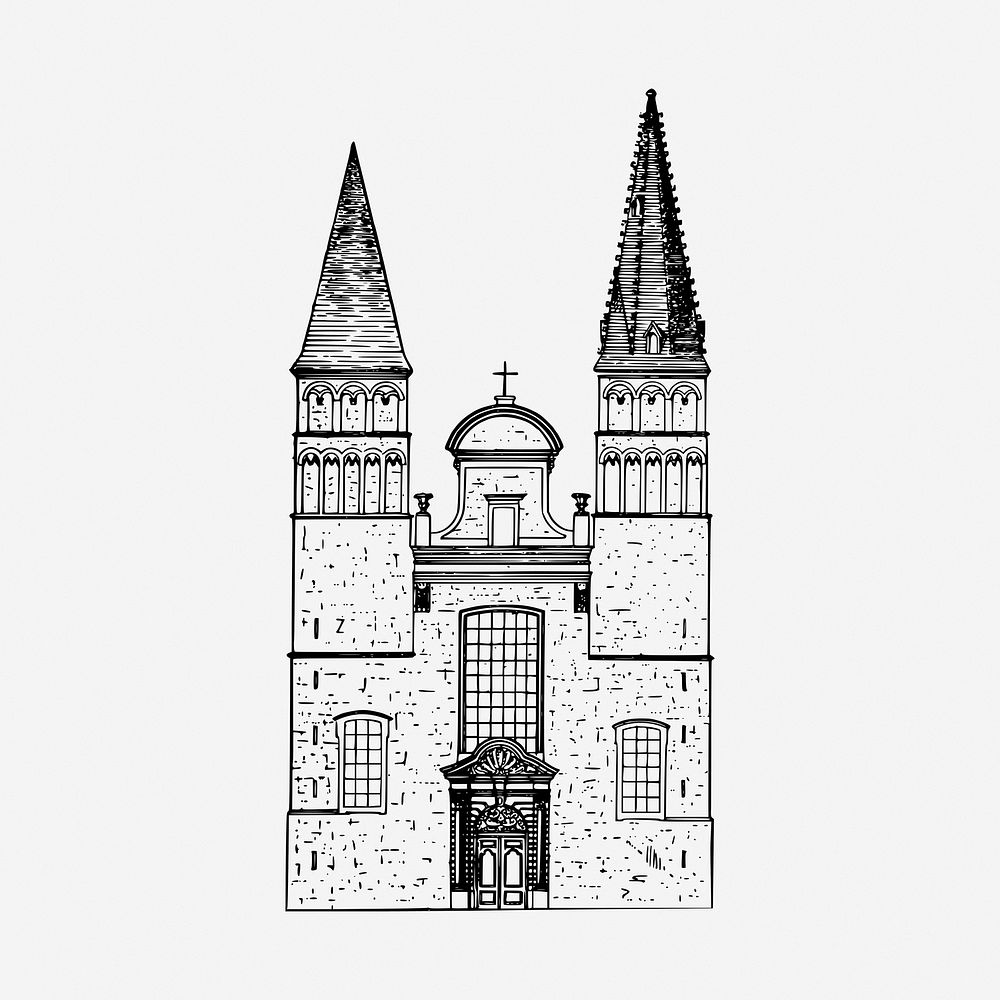 Church architecture black and white illustration clipart. Free public domain CC0 image