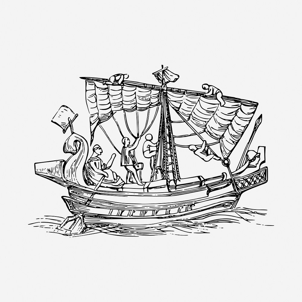 Sailing ship black and white illustration clipart. Free public domain CC0 image
