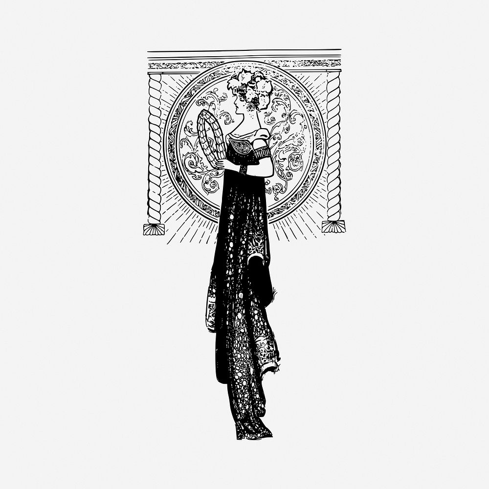 Antique woman decorative black and white illustration clipart. Free public domain CC0 image