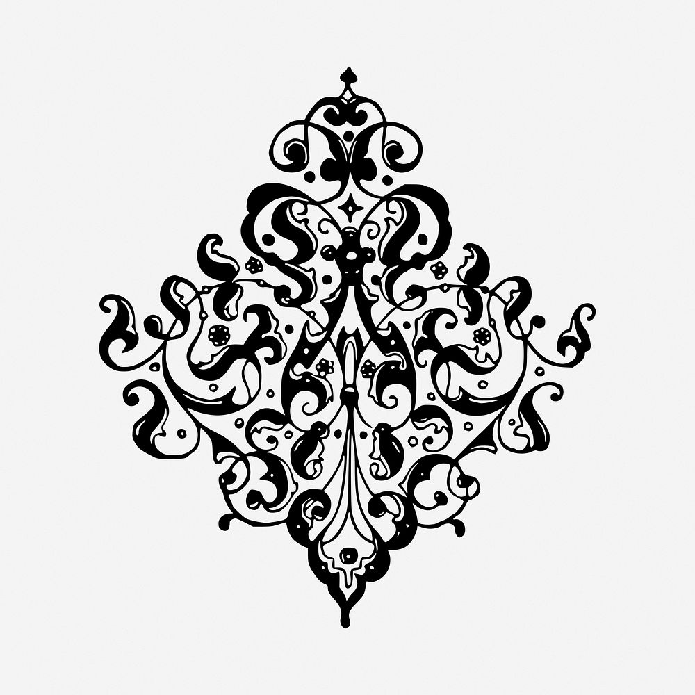 Elegant leafy decoration black and white illustration clipart. Free public domain CC0 image
