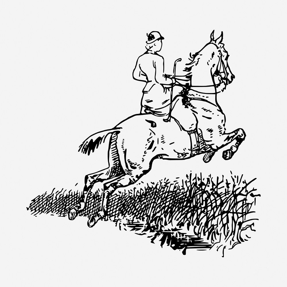 Horse riding black and white illustration clipart. Free public domain CC0 image