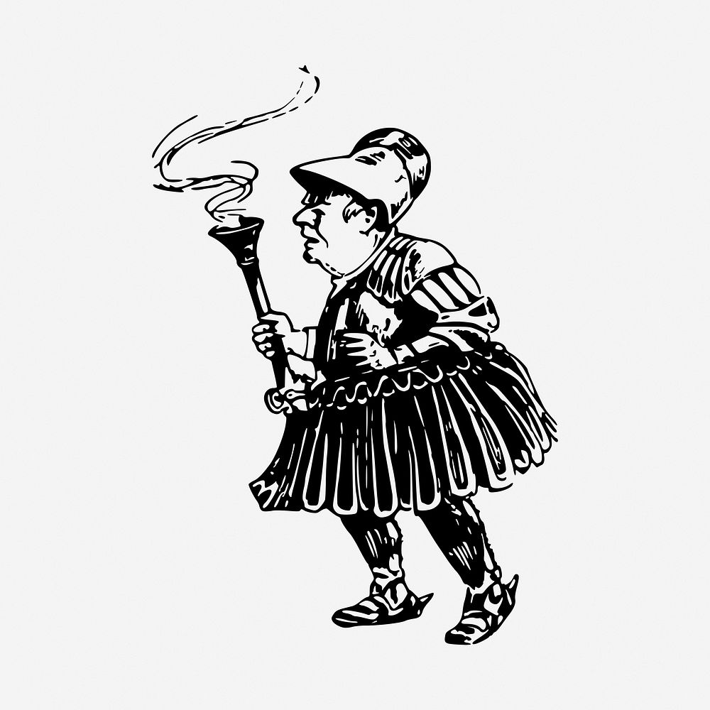 Historic man holding torch black and white illustration clipart. Free public domain CC0 image