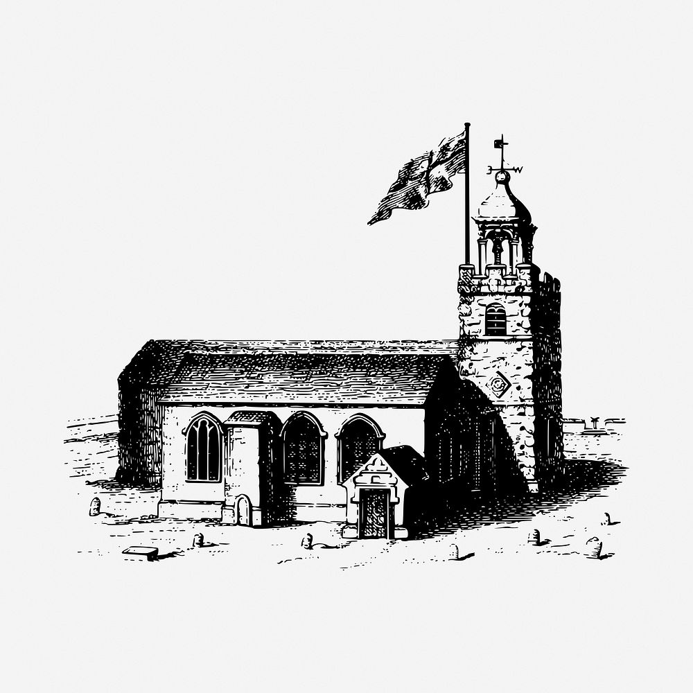 Church architecture black and white illustration clipart. Free public domain CC0 image