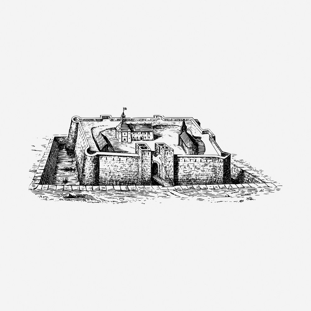 Fortress architecture black and white illustration clipart. Free public domain CC0 image