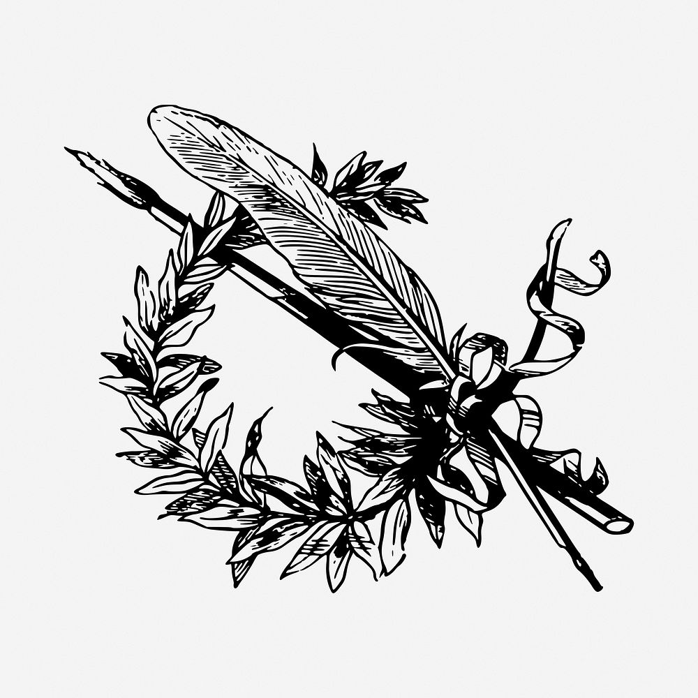 Botanical feather decoration black and white illustration clipart. Free public domain CC0 image