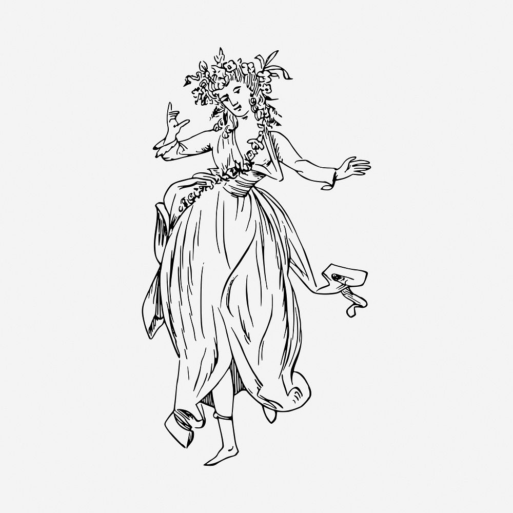 Dancing nymph black and white illustration clipart. Free public domain CC0 image
