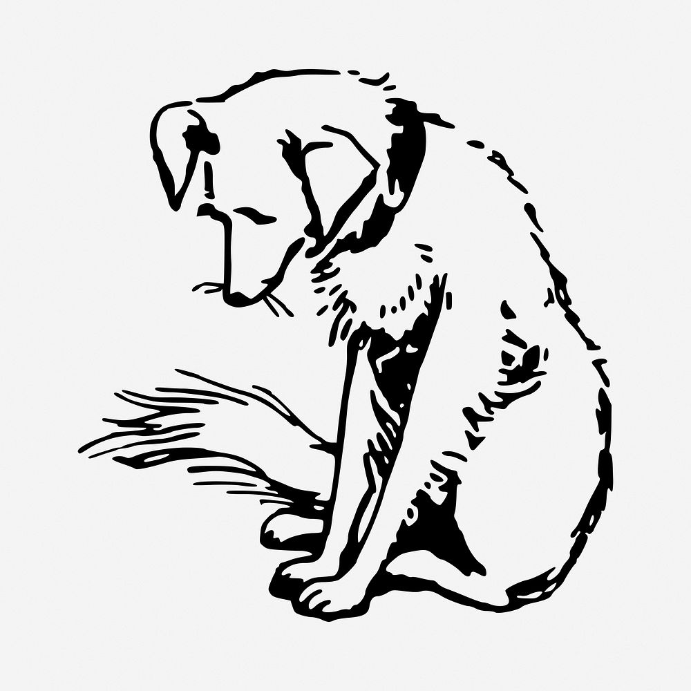Sad dog black and white illustration clipart. Free public domain CC0 image
