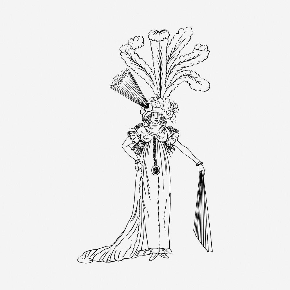 Antique party fashion black and white illustration clipart. Free public domain CC0 image
