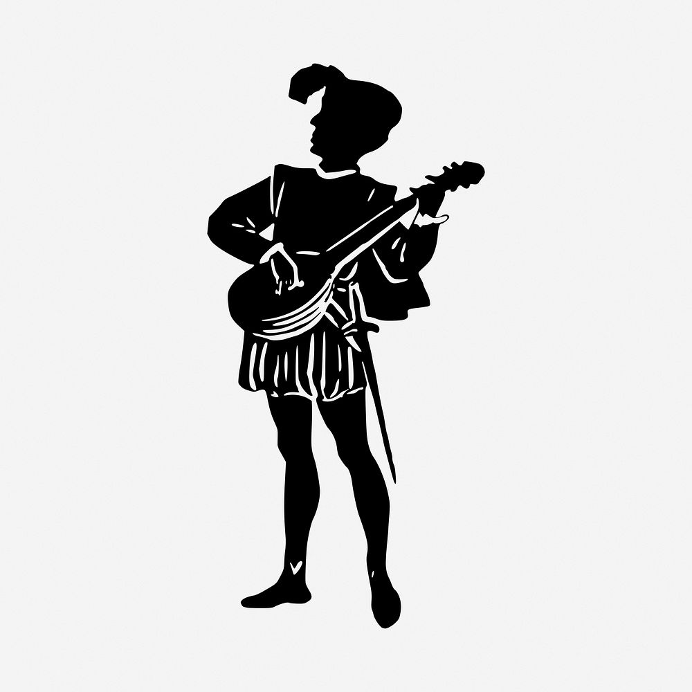 Medieval performer black and white illustration clipart. Free public domain CC0 image