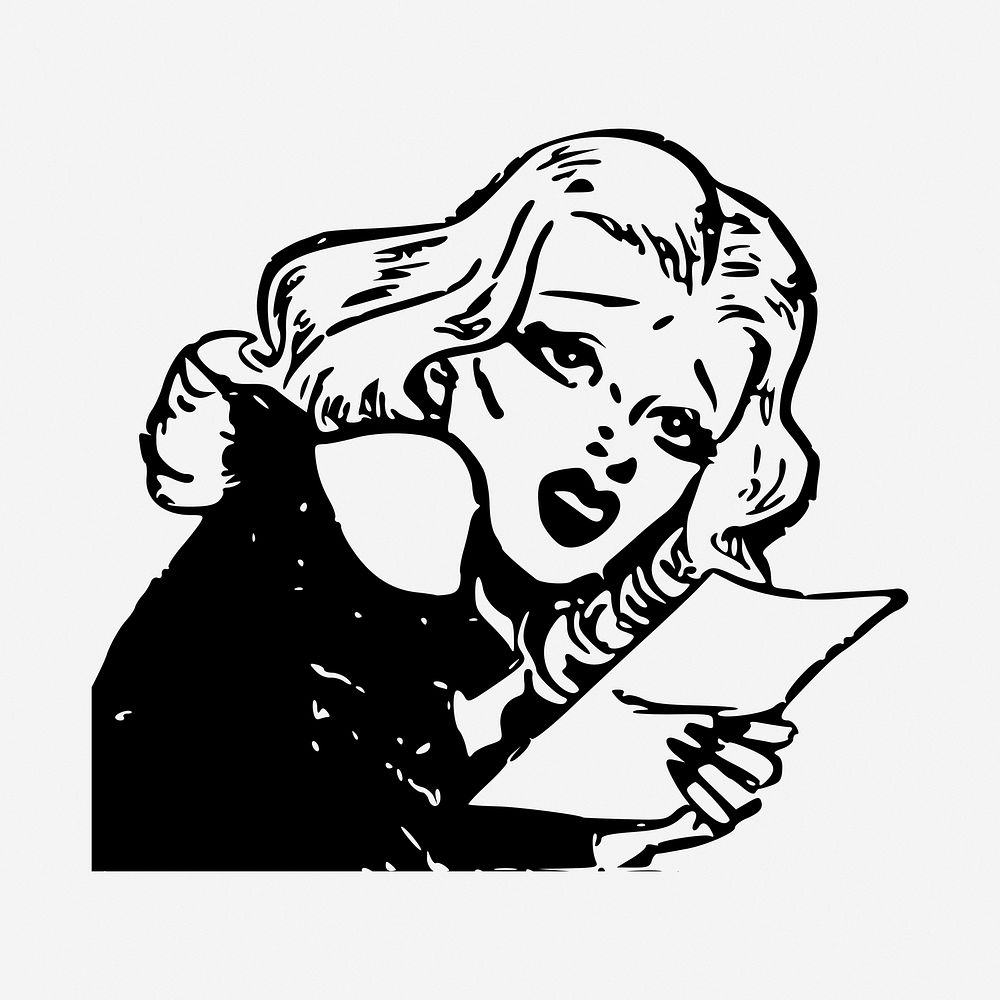 Blonde actress black and white illustration clipart. Free public domain CC0 image