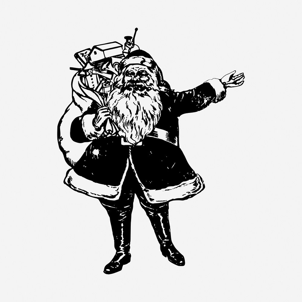 Christmas Santa black and white illustration clipart. Free public domain CC0 image