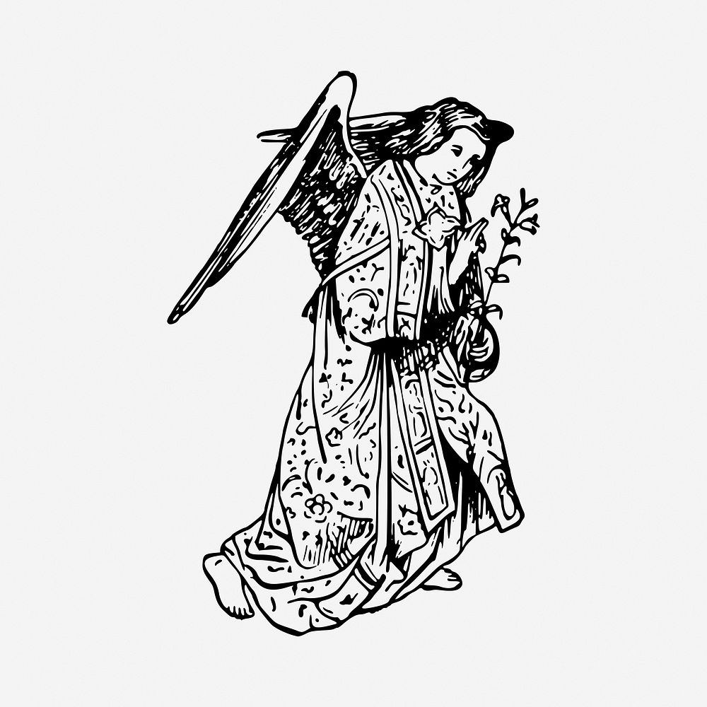 Archangel black and white illustration clipart. Free public domain CC0 image