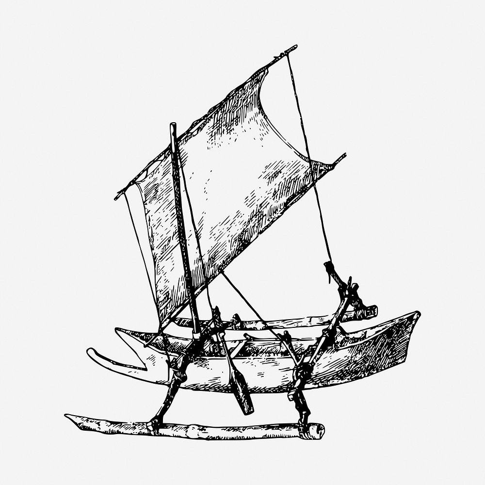 Outrigger boat black and white illustration clipart. Free public domain CC0 image