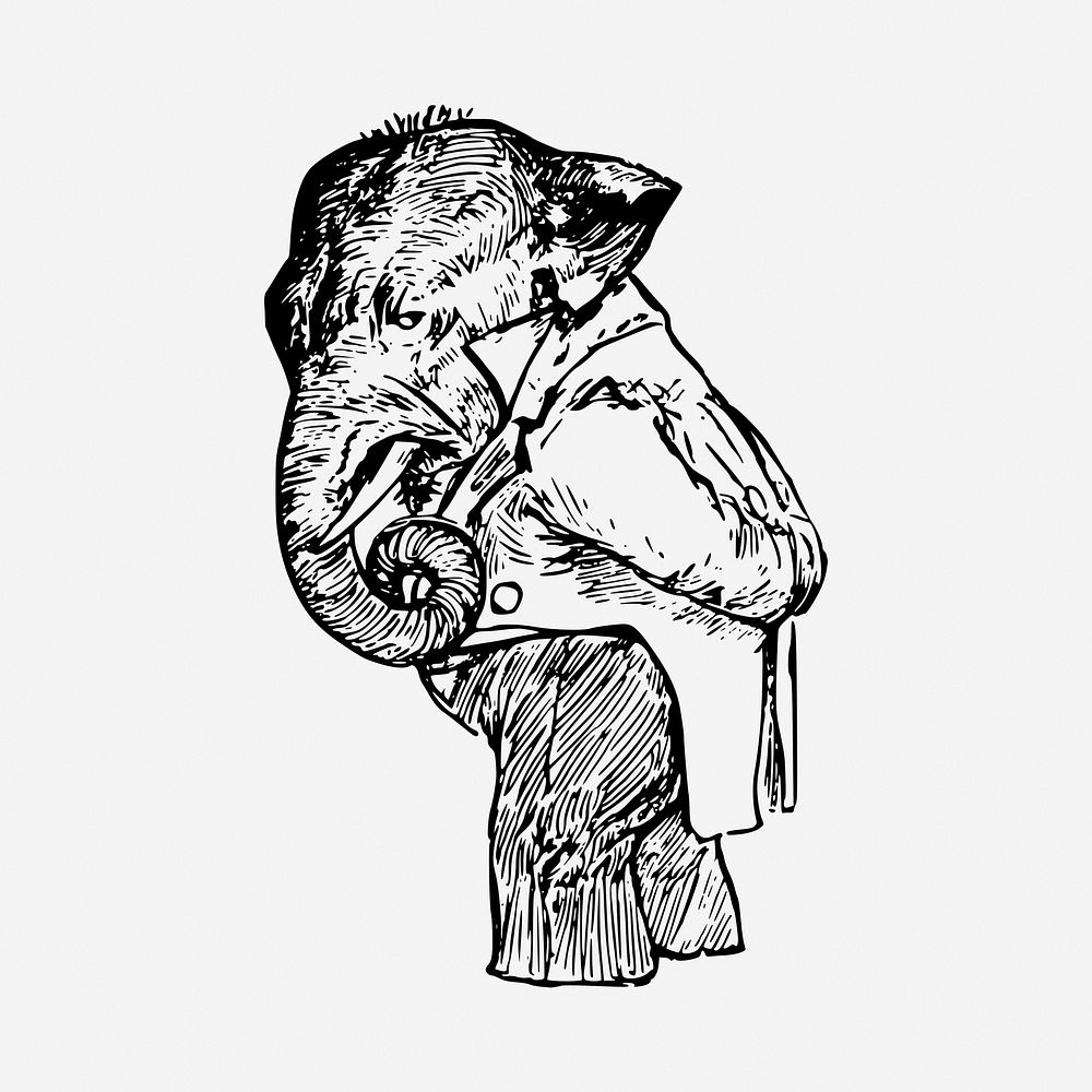 Elephant cartoon black and white illustration clipart. Free public domain CC0 image