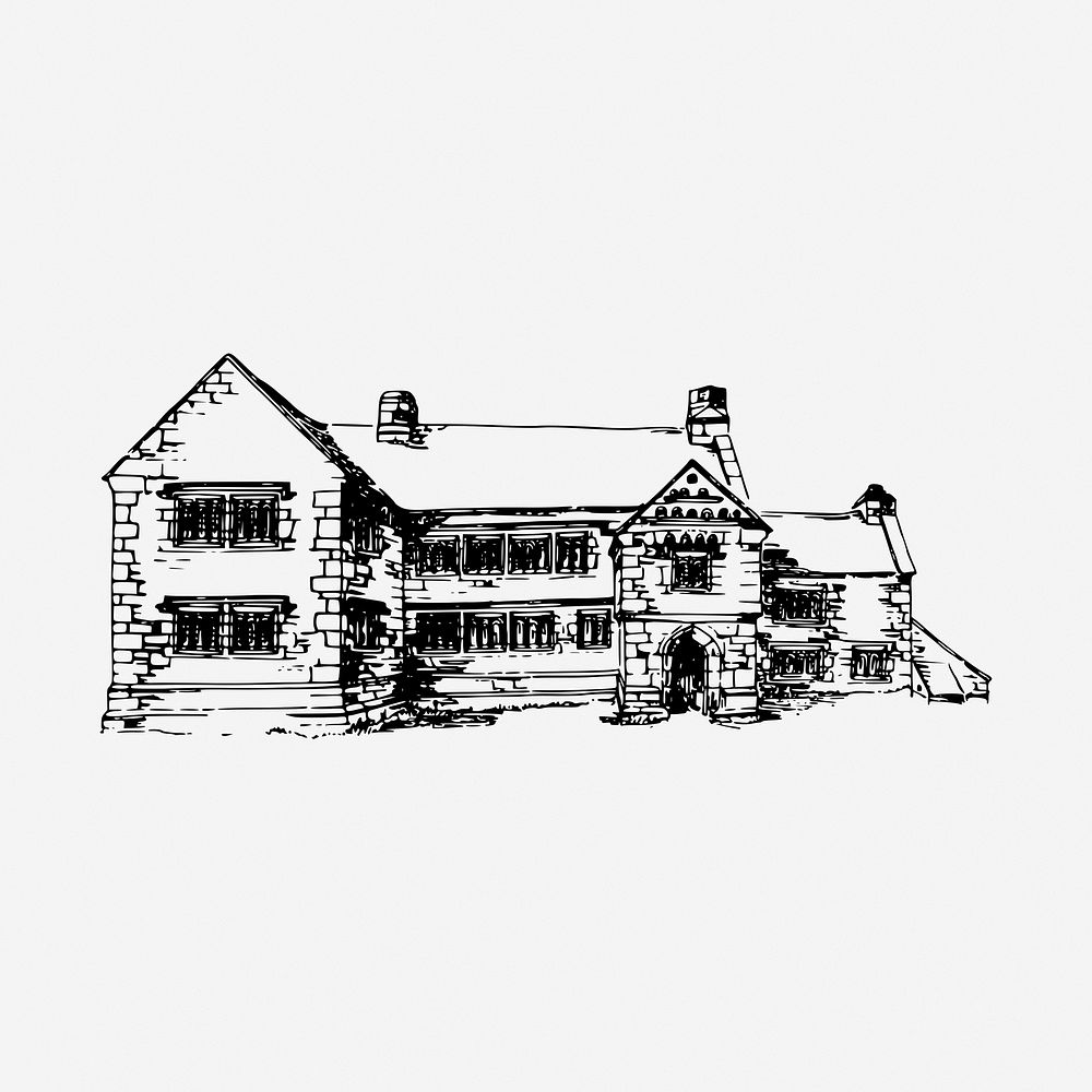 Vintage house black and white illustration clipart. Free public domain CC0 image