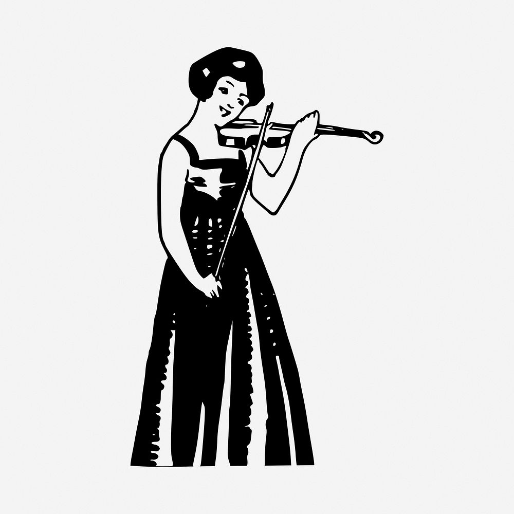 Woman violinist black and white illustration clipart. Free public domain CC0 image
