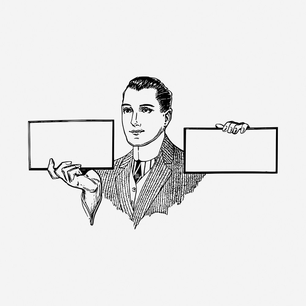 Blank placards, man in suit black and white illustration clipart. Free public domain CC0 image