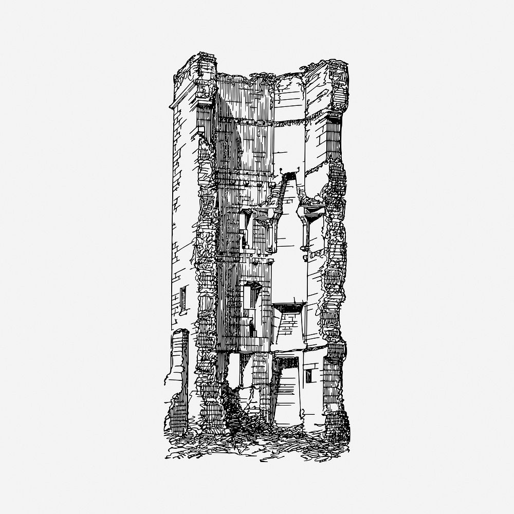 Fort tower black and white illustration clipart. Free public domain CC0 image