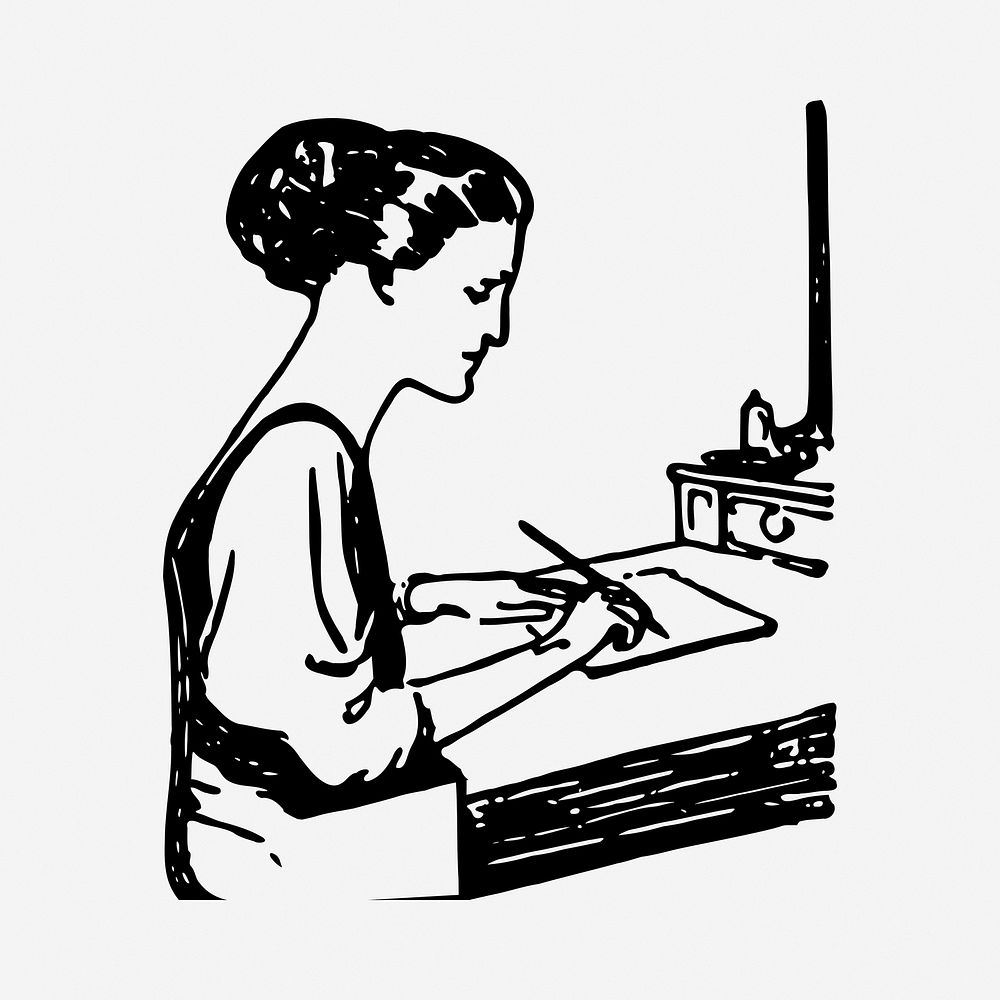 Woman writing letter black and white illustration clipart. Free public domain CC0 image