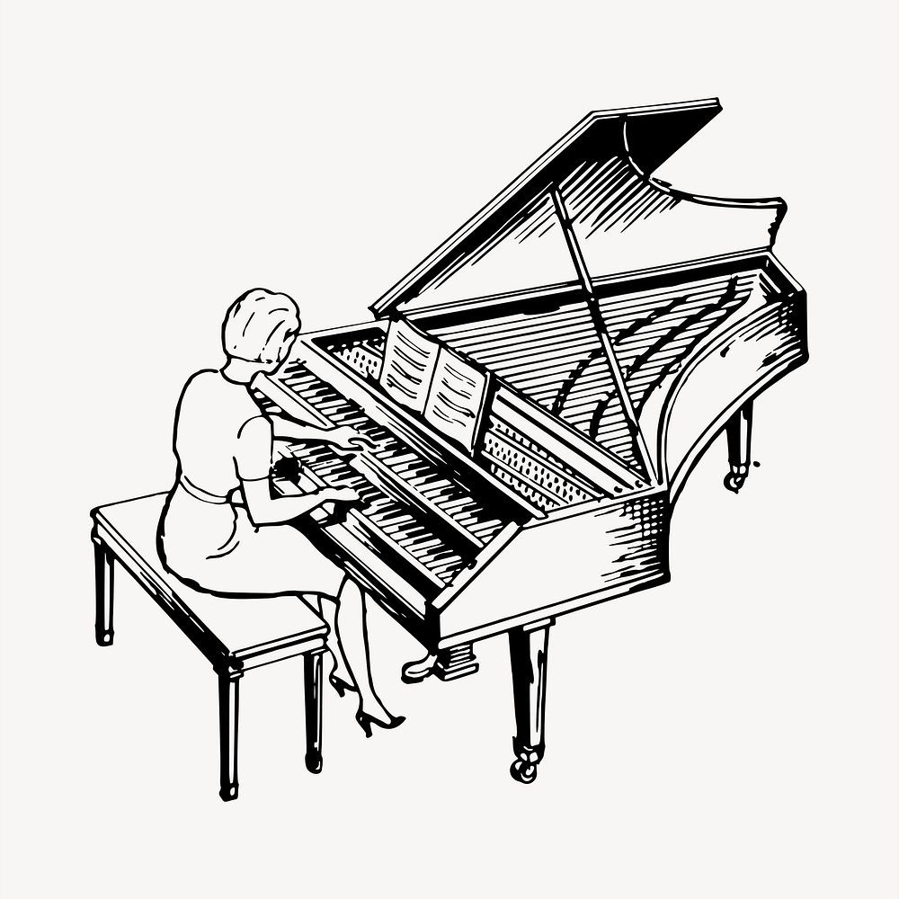 Female pianist clipart, vintage hand drawn vector. Free public domain CC0 image.