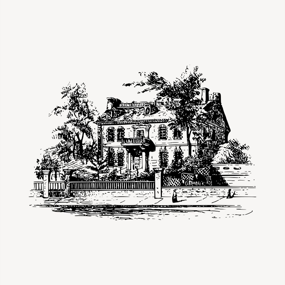 Mansion  clipart, vintage hand drawn vector. Free public domain CC0 image.