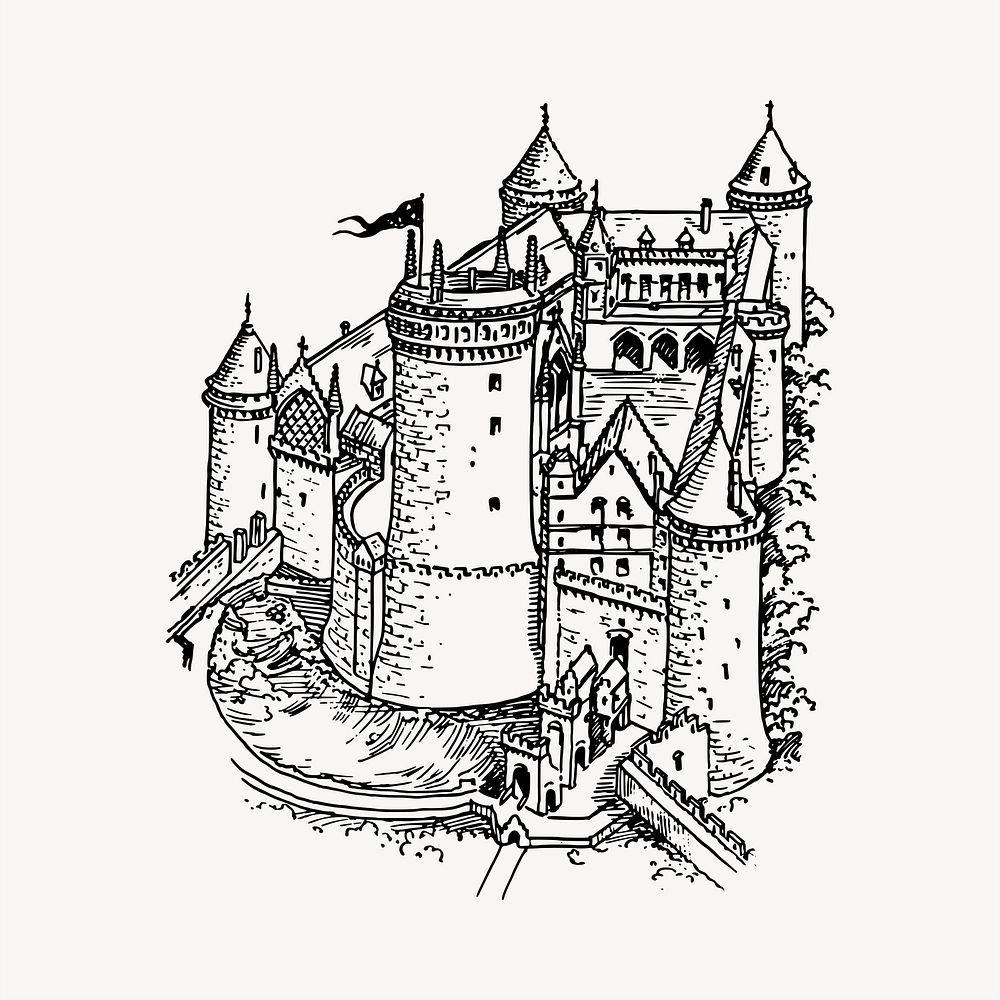 Castle clipart, vintage hand drawn vector. Free public domain CC0 image.