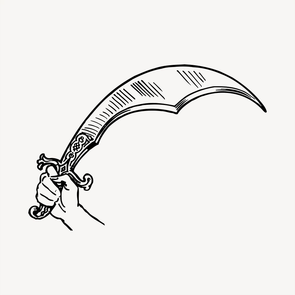 Scimitar sword clipart, vintage hand drawn vector. Free public domain CC0 image.