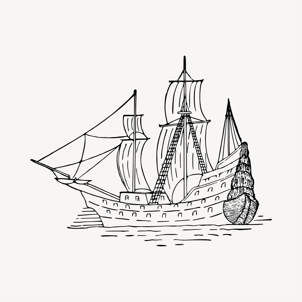 Sailing ship clipart, vintage hand drawn vector. Free public domain CC0 image.