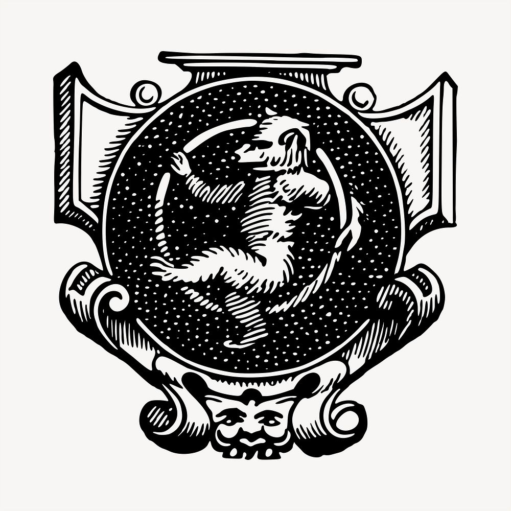 Dancing bear badge clipart, vintage hand drawn vector. Free public domain CC0 image.