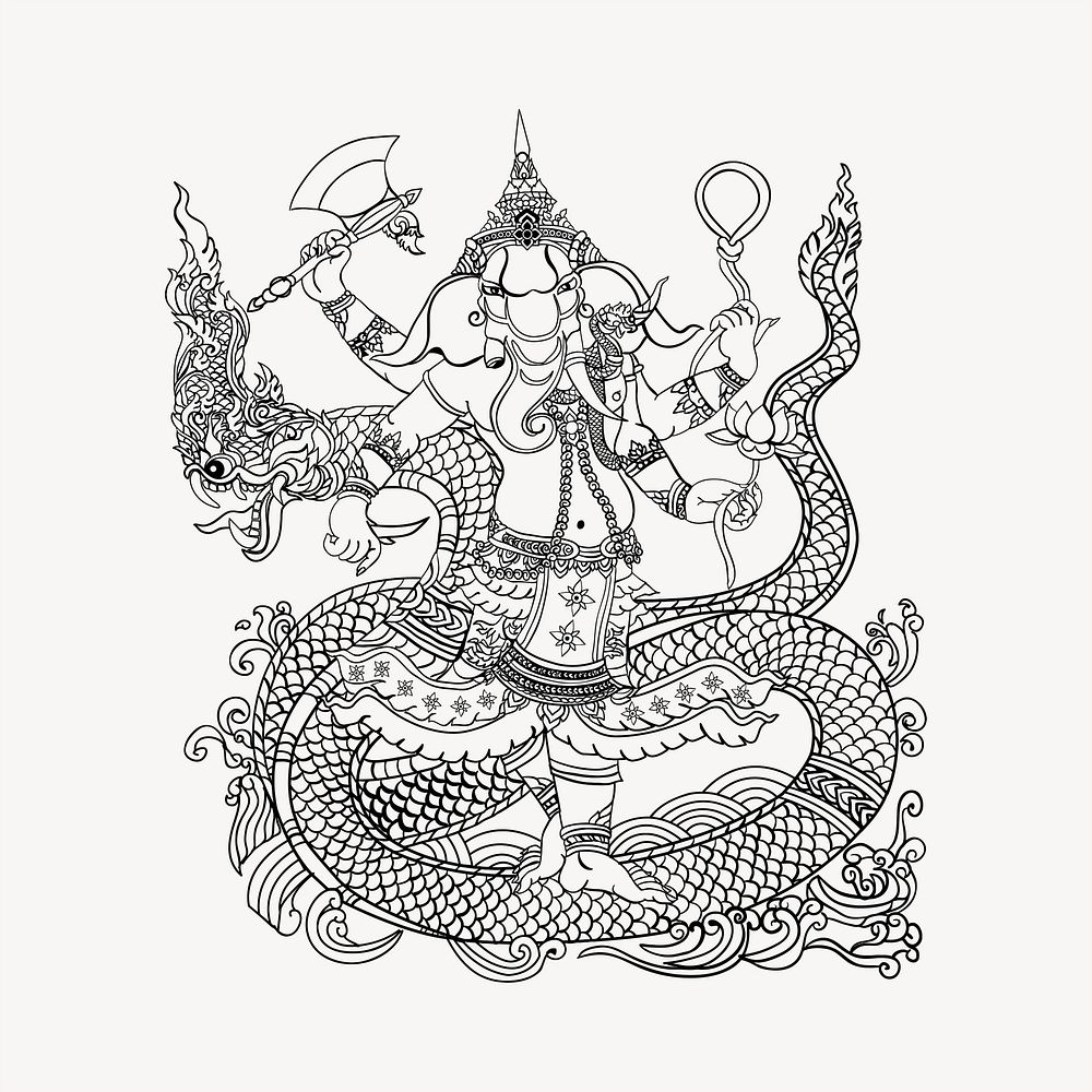 Lord Ganesha, Hindu God clipart, vintage hand drawn vector. Free public domain CC0 image.