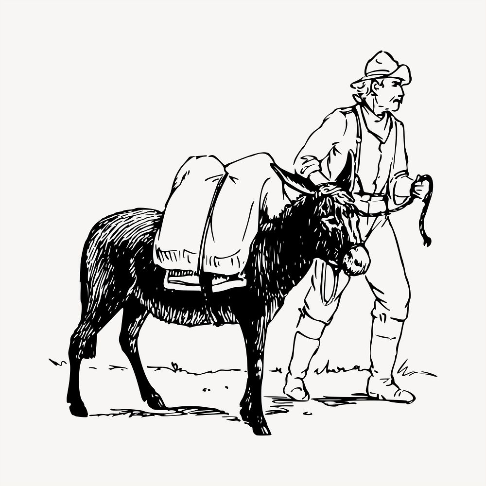 Man and donkey clipart, vintage hand drawn vector. Free public domain CC0 image.