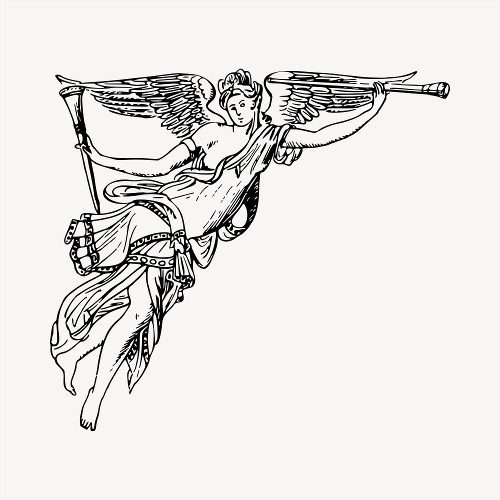 Angel with horn clipart, vintage hand drawn vector. Free public domain CC0 image.