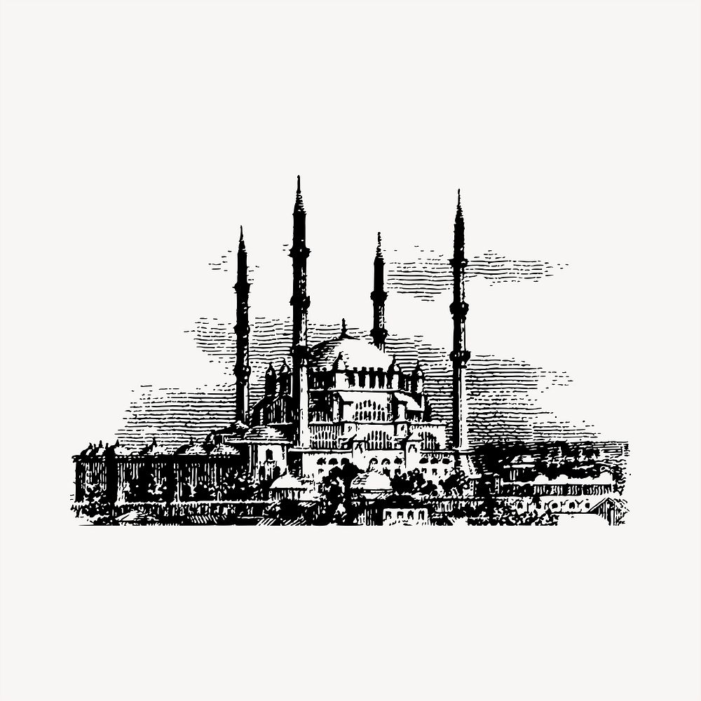 Selimiye Mosque clipart, vintage hand drawn vector. Free public domain CC0 image.