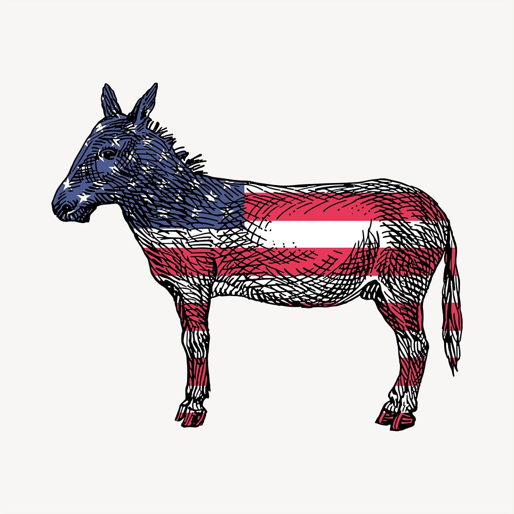 American flag donkey clipart, vintage hand drawn vector. Free public domain CC0 image.