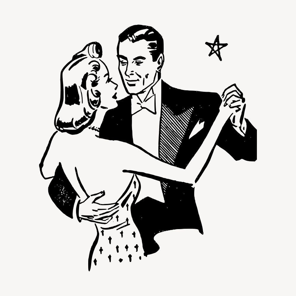 Vintage couple dancing sticker, people illustration psd. Free public domain CC0 image.