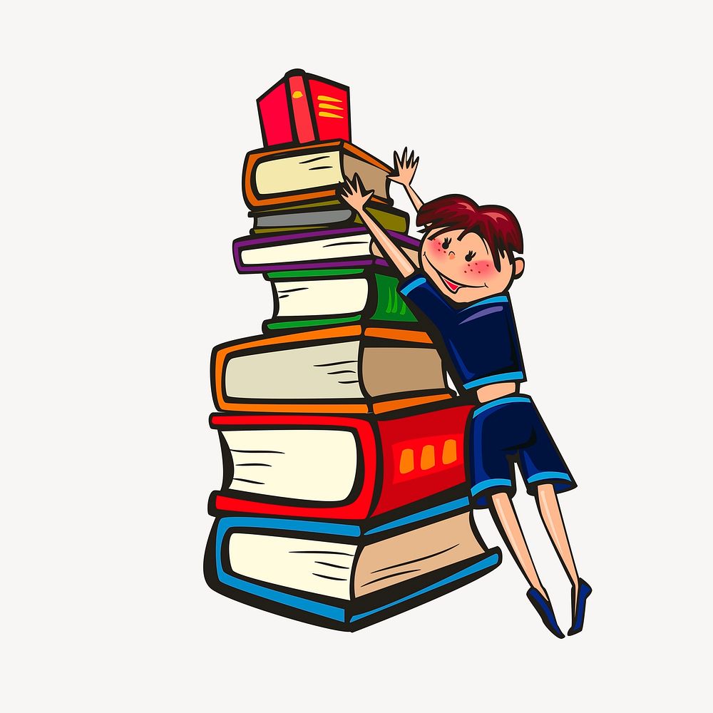 Girl reaching for book sticker, cartoon illustration psd. Free public domain CC0 image.