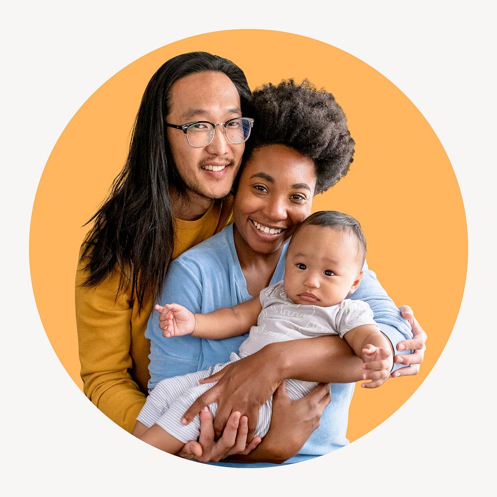 Happy family circle shape badge, diversity photo