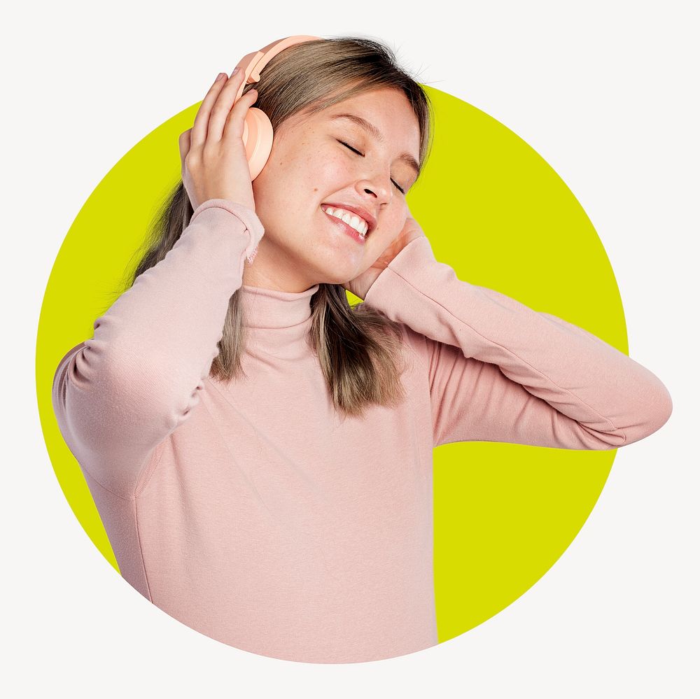Woman listening to music circle shape badge, happiness photo