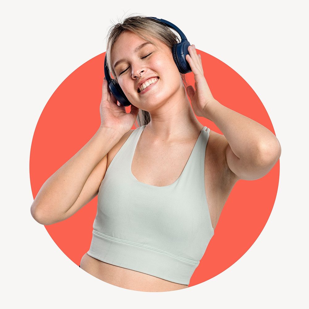 Woman listening to music circle shape badge, sporty photo
