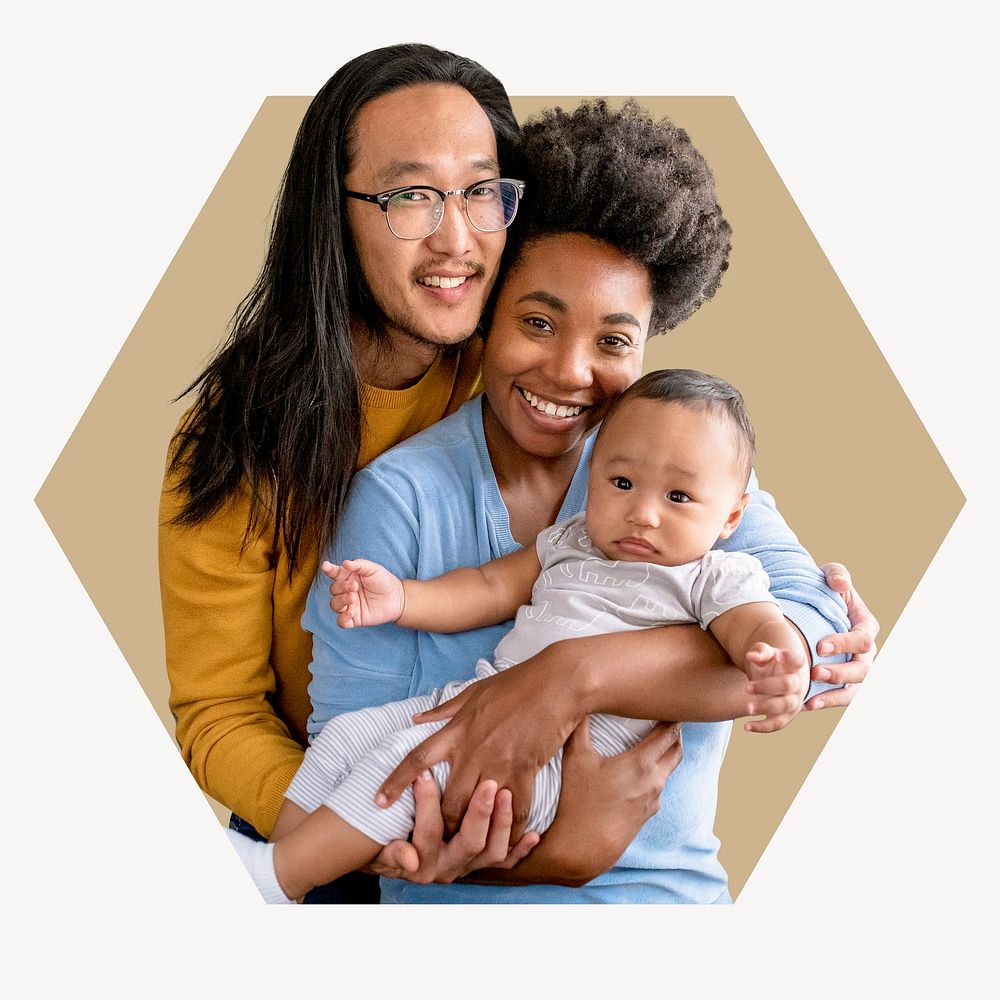 Diverse family hexagon shape badge, parent photo