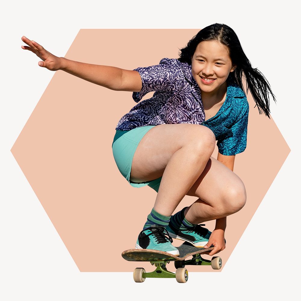 Girl skateboarding hexagon shape badge, leisure activity photo