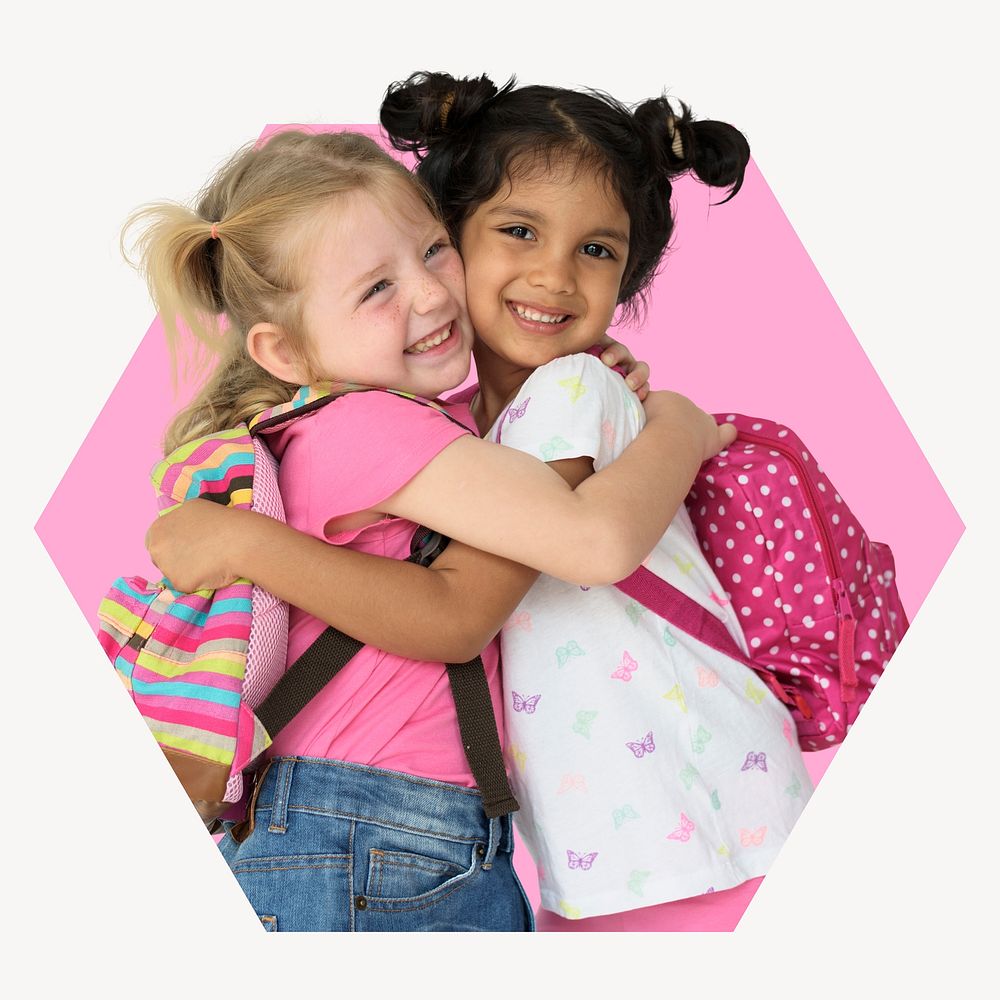 Girls hugging hexagon shape badge, friendship photo
