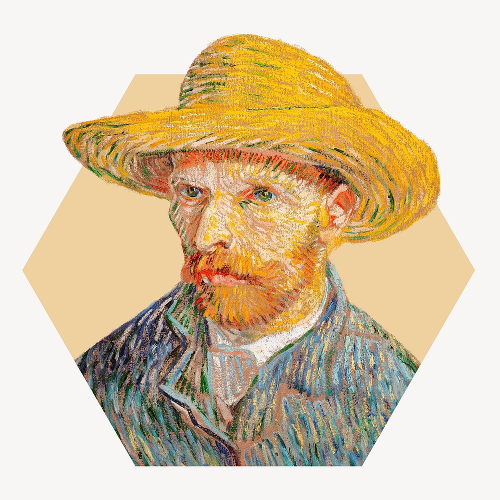 Van Gogh's Self-Portrait with a Straw Hat hexagon shape sticker, famous vintage illustration psd, remixed by rawpixel