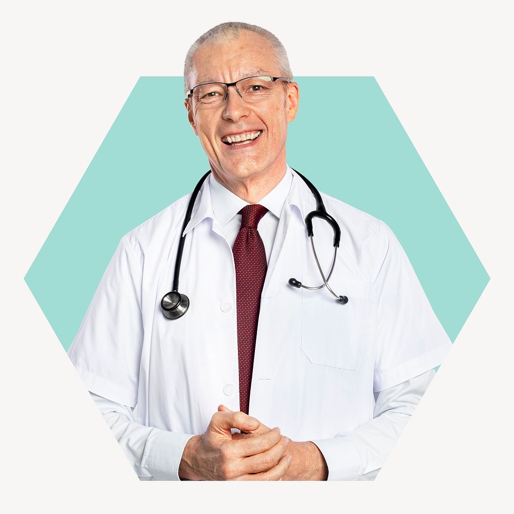 Senior doctor hexagon shape badge, medical job photo