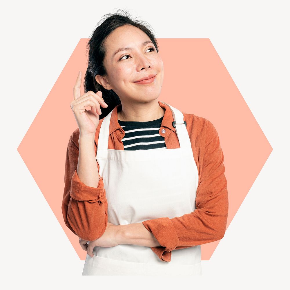Asian woman hexagon shape badge, small business owner photo