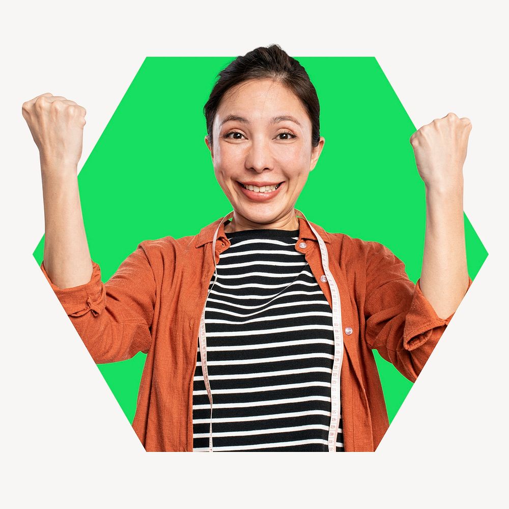 Cheerful woman hexagon shape badge, success photo