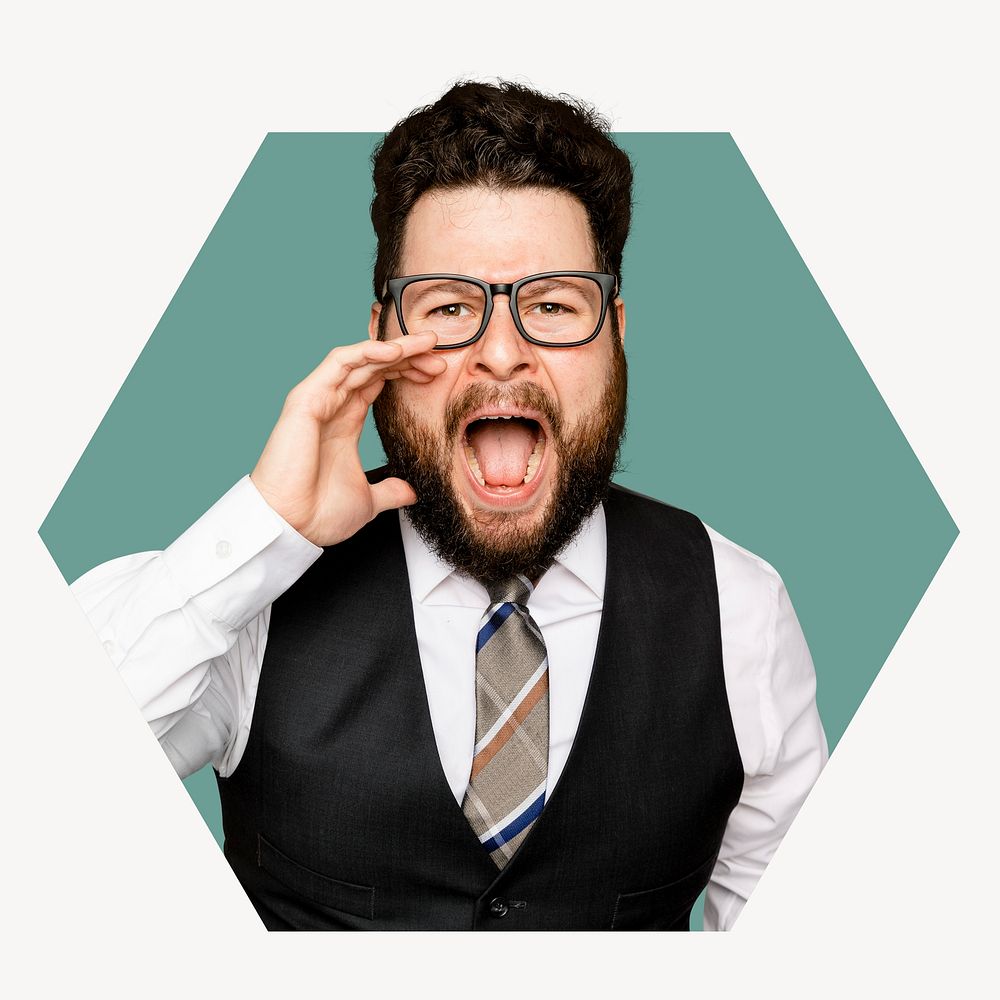 Man shouting hexagon shape badge, business photo